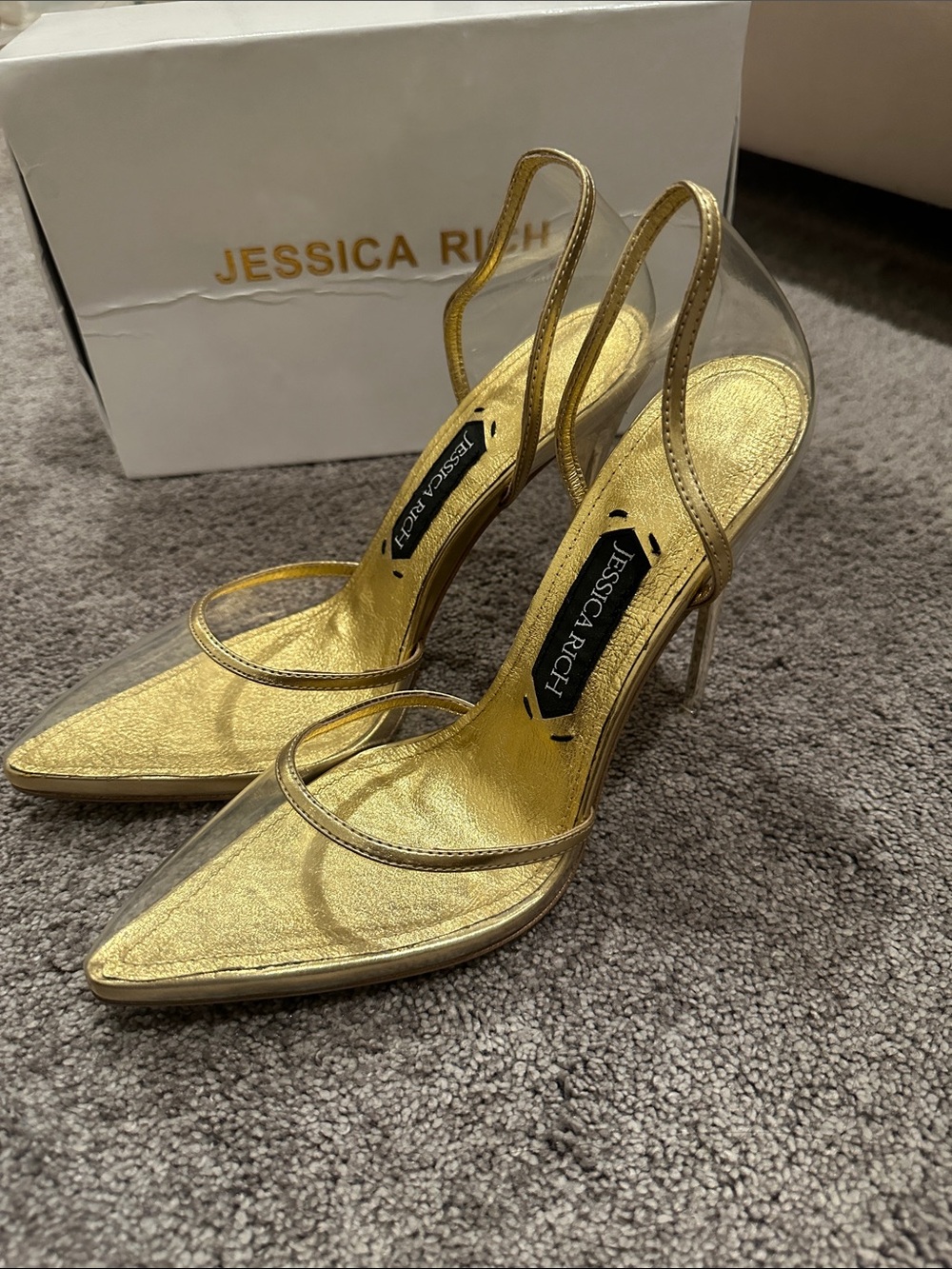 Jessica Rich Gold Metallic Pointed-Toe Clear Slingback Heels
